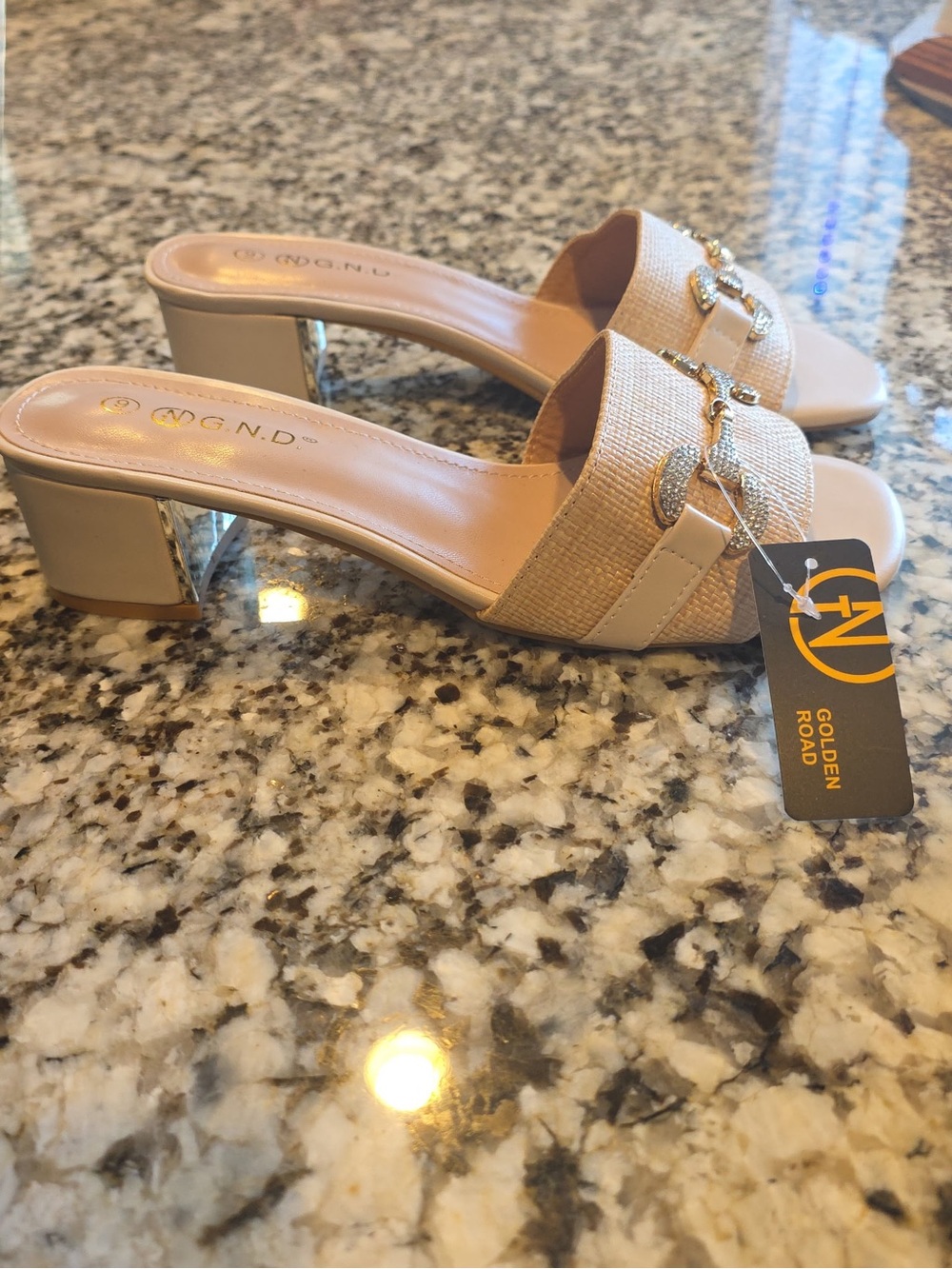 Beige Raffia Slide Mules with Rhinestone Bit Accent - Picture 2 of 2